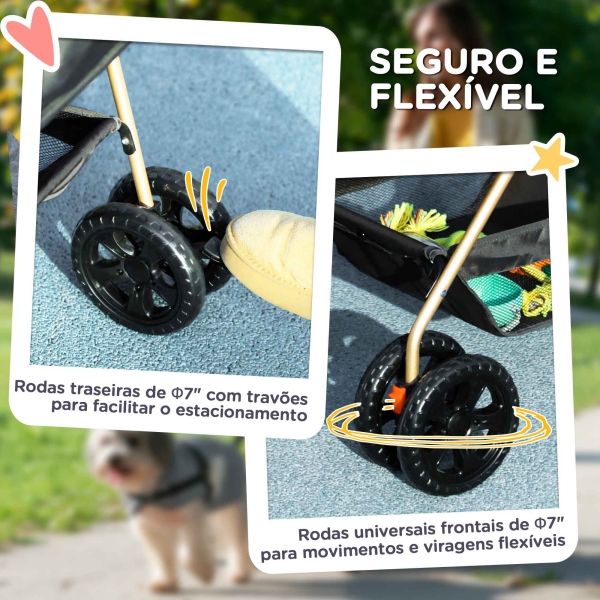 PawHut Carrinho para Cães Dobrável 3 em 1 Carrinho para Cães Miniatura com Cesta de Armazenamento Janela de Malha 76x50x102 cm Preto - Image 7