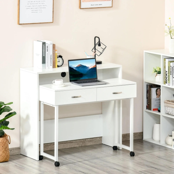 HOMCOM Conjunto de 2 mesas secretária para escritório com rodas 2 gavetas 100x36x88 cm Branco - Image 2