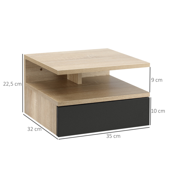 HOMCOM Conjunto de 2 Mesas de Cabeceira Flutuante com 1 Gaveta e Prateleira Aberta com Desenho Moderno Montado na Parede 35x32x22,5cm Carvalho Preto - Image 3
