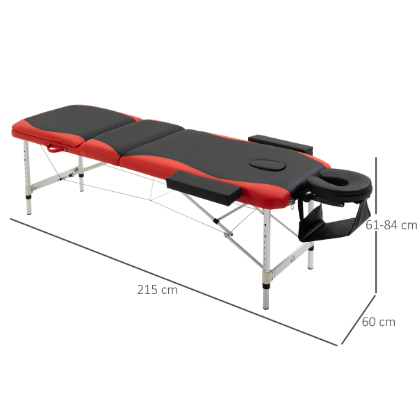 HOMCOM Marquesa de Massagem Dobrável e Portátil com Altura Ajustável Apoio para a Cabeça e Apoio para os Braços 215x60x61-84 cm Preto e Vermelho - Image 3
