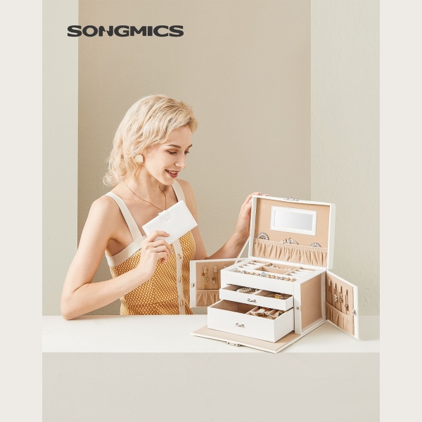 Caixa de joias SONGMICS, organizadora com 2 gavetas, estojo com fechadura e espelho, estojo de viagem portátil, para anéis, pulseiras, brincos, colares, forro de veludo, presente, branco JBC121W - Image 2