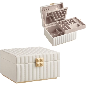 Caixa de joias espelhada de 2 camadas da coleção SONGMICS HOME ANAH, organizadora de joias, bandeja removível, superfície de PU costurada, efeito flutuante, 8,5 x 9,4 x 5,3 polegadas, presente
