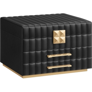 SONGMICS HOME Coleção ANAH - Caixa de joias de 3 andares com espelho, organizador de joias com 2 gavetas, superfície de PU com costura, efeito flutuante, 21,5 x 24 x 15,8 cm, ideia de presente, tinta preta JBC183B01