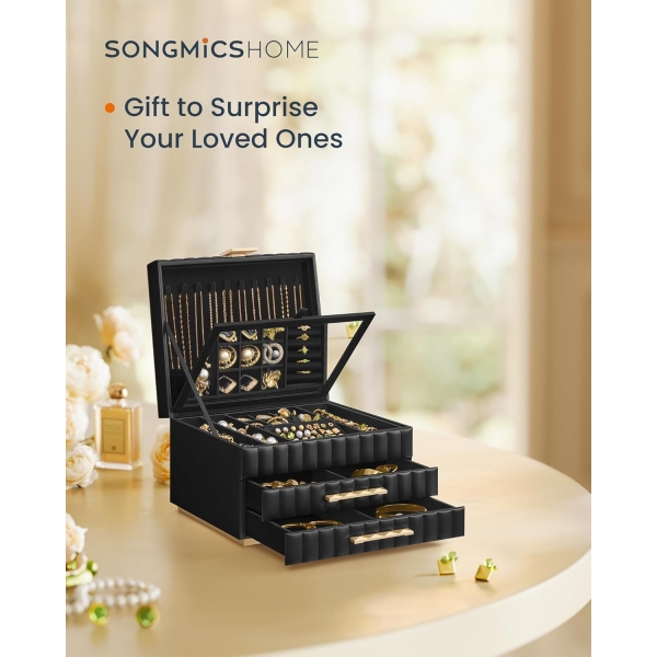 SONGMICS HOME Coleção ANAH - Caixa de joias de 3 andares com espelho, organizador de joias com 2 gavetas, superfície de PU com costura, efeito flutuante, 21,5 x 24 x 15,8 cm, ideia de presente, tinta preta JBC183B01 - Image 2