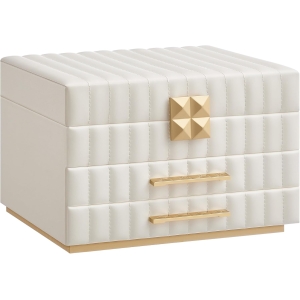 SONGMICS HOME Coleção ANAH - Caixa de joias de 3 andares com espelho, organizador de joias com 2 gavetas, superfície de PU com costura, efeito flutuante, 21,5 x 24 x 15,8 cm, ideia de presente, branco nuvem JBC183W01