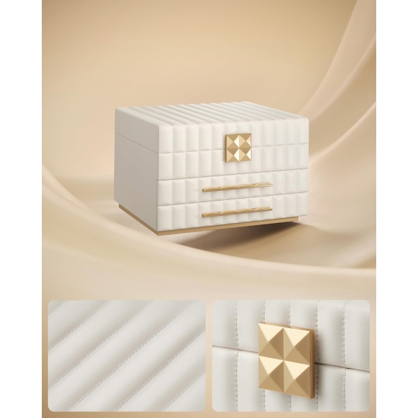 SONGMICS HOME Coleção ANAH - Caixa de joias de 3 andares com espelho, organizador de joias com 2 gavetas, superfície de PU com costura, efeito flutuante, 21,5 x 24 x 15,8 cm, ideia de presente, branco nuvem JBC183W01 - Image 3