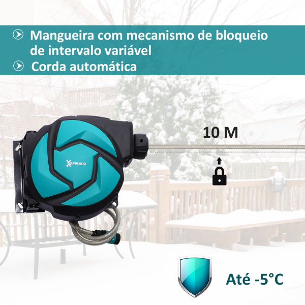 DURHAND Enrolador de mangueira retrátil 10m com cabeça multifuncional Sistema de enrolamento automático com trava Conector de 1m para gramado de jardim 29,5x16,5x33cm Preto e verde - Image 4