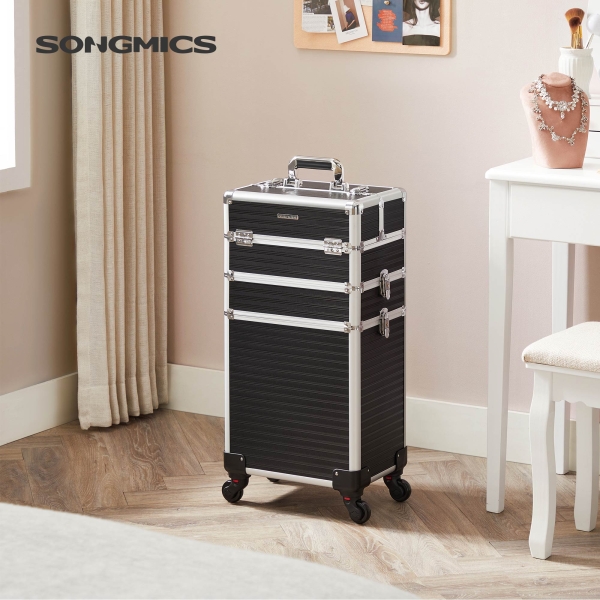 SONGMICS JHZ014B01 Carrinho grande com rodas Maleta de maquiagem profissional vazia Maleta de maquiagem com 4 rodas universais para viagens e trabalho Preto, preto - Image 2