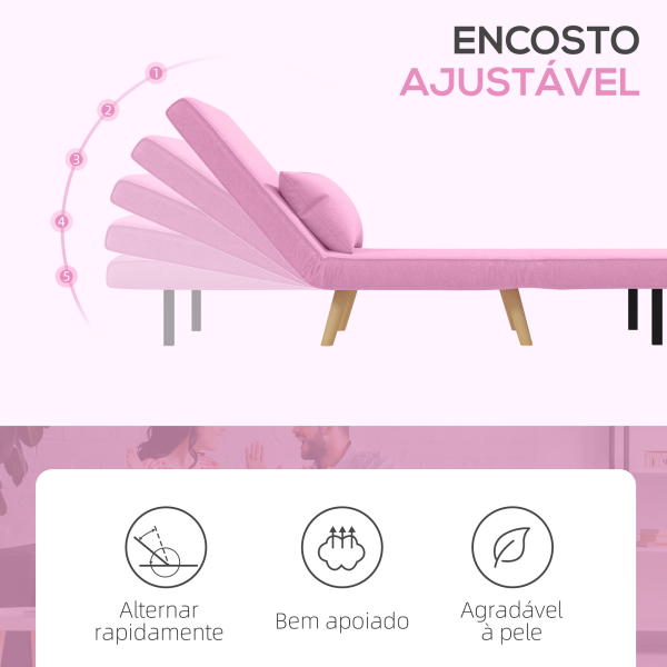 HOMCOM Sofá Cama Individual  Estofado em Linho com Encosto Ajustável em 5 Posições e Almofada Sofá Cama Pequeno 72x75x85 cm Rosa - Image 5