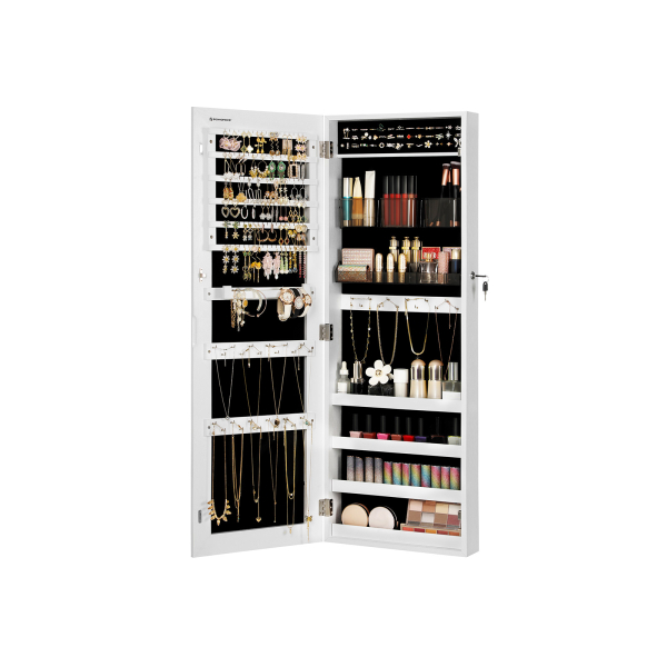 Armário para joias SONGMICS, unidade organizadora de parede com trava, 2 bandejas de plástico para cosméticos, espelho sem moldura de corpo inteiro, para colar e brinco, branco JJC001W01 - Image 2