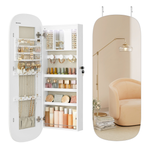Espelho SONGMICS com armazenamento, armário para joias com espelho LED, montado na parede/porta, armário com espelho largo arredondado com fechadura, com espelho interno, 10 x 42 x 108 cm, superfície branca com forro cinza JJC026W01