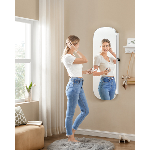 Espelho SONGMICS com armazenamento, armário para joias com espelho LED, montado na parede/porta, armário com espelho largo arredondado com fechadura, com espelho interno, 10 x 42 x 108 cm, superfície branca com forro cinza JJC026W01 - Image 3