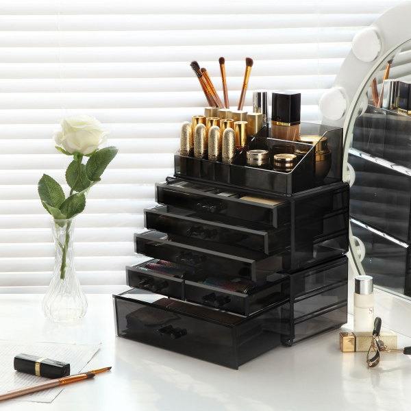 Organizador grande de maquiagem em acrílico SONGMICS, caixa de cosméticos empilhável com 6 gavetas, para paleta, pincel, base, batom, esmalte, grampos de cabelo, ótimo presente para entes queridos, preto JKA009BK - Image 3