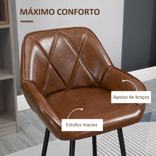 HOMCOM Conjunto de 2 Bancos Altos Estofados em PU com Encosto Alto Pés de Aço e Apoio para os Pés 50x47,5x102,5cm Marrom - Image 5