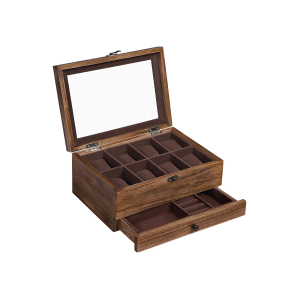 Caixa de relógio SONGMICS com 8 compartimentos, estojo de madeira de 2 níveis com tampa grande de vidro, almofadas para relógio, forro de veludo, caixa de joias, presente para entes queridos, nogueira rústica JOW008K01