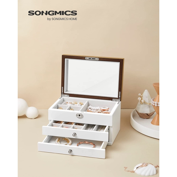 Caixa de joias SONGMICS, organizador de joias de 3 níveis com espelho grande, 2 gavetas, com fechadura, presente para entes queridos, para anéis, brincos, pulseiras, colares, cor branca e com textura de madeira JOW15WNV1 - Image 2