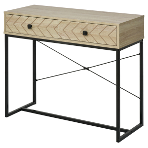 HOMCOM Mesa Consola 90x35x76cm Mesa de Entrada com 2 Gavetas de Armazenamento Decorativos e Estrutura de Metal para Entrada Corredor Sala de Estar Natural