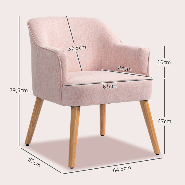 HOMCOM Poltrona Estilo Nórdico Estofada em Linho com Pés de Madeira para Dormitório Escritório Estúdio 64,5x65x79,5 cm Rosa - Image 3