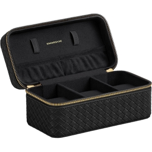Coleção SONGMICS HOME RONNE - Estojo de viagem para relógios com 3 compartimentos, caixa para 3 relógios, couro PU com relevo, 10 x 20 x 9 cm, ideia para presente, superfície preta, forro preto JWB017B01