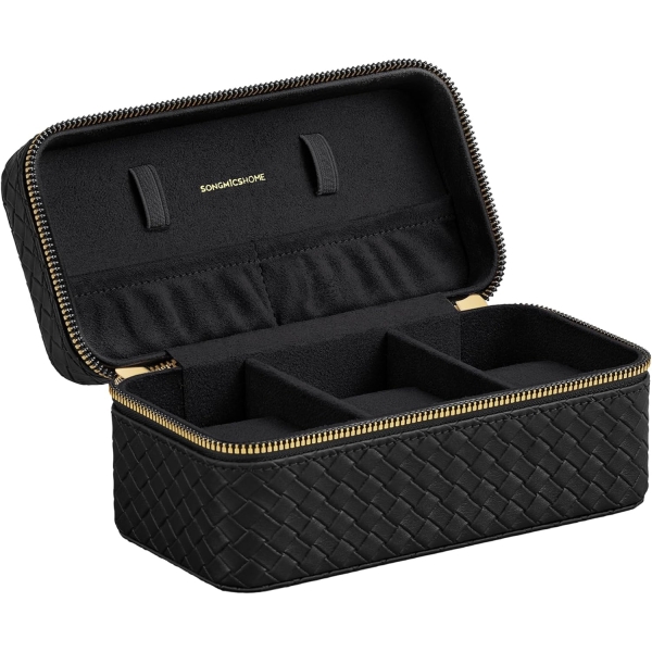 Coleção SONGMICS HOME RONNE - Estojo de viagem para relógios com 3 compartimentos, caixa para 3 relógios, couro PU com relevo, 10 x 20 x 9 cm, ideia para presente, superfície preta, forro preto JWB017B01