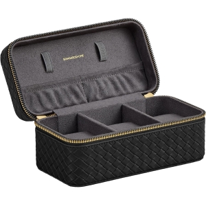 Coleção SONGMICS HOME RONNE - Estojo de viagem para relógios com 3 compartimentos, caixa para 3 relógios, couro PU com relevo, 10 x 20 x 9 cm, ideia para presente, superfície preta, forro cinza ardósia JWB017G01