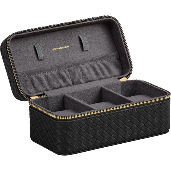 Coleção SONGMICS HOME RONNE - Estojo de viagem para relógios com 3 compartimentos, caixa para 3 relógios, couro PU com relevo, 10 x 20 x 9 cm, ideia para presente, superfície preta, forro cinza ardósia JWB017G01