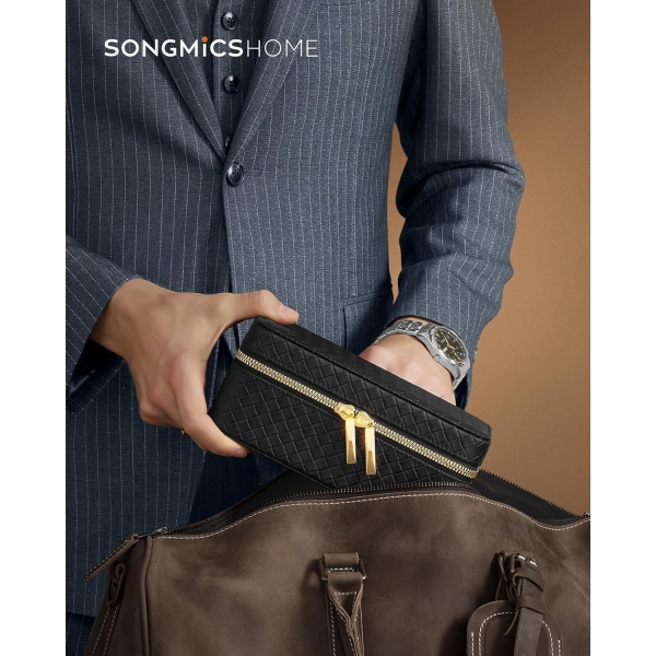 Coleção SONGMICS HOME RONNE - Estojo de viagem para relógios com 3 compartimentos, caixa para 3 relógios, couro PU com relevo, 10 x 20 x 9 cm, ideia para presente, superfície preta, forro cinza ardósia JWB017G01 - Image 3