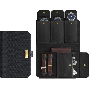 Coleção ONGMICS HOME RONNE - Bolsa para 3 relógios, estojo de viagem para relógios, couro sintético com relevo, organizador portátil para armazenamento de relógios, 22 x 14,5 x 4,5 cm, ideia para presente, tinta preta JWB018B01
