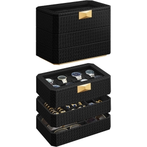 Coleção SONGMICS HOME RONNE - Caixa de relógio de 3 níveis, estojo empilhável com 8 compartimentos, couro sintético trançado com relevo, efeito flutuante, presente de Natal, superfície preta, forro preto UJWB021B01