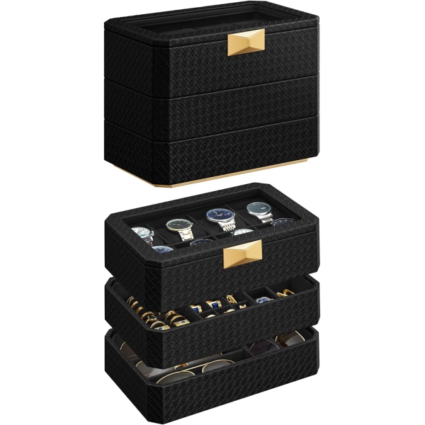 Coleção SONGMICS HOME RONNE - Caixa de relógio de 3 níveis, estojo empilhável com 8 compartimentos, couro sintético trançado com relevo, efeito flutuante, presente de Natal, superfície preta, forro preto UJWB021B01