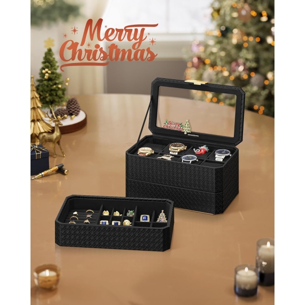 Coleção SONGMICS HOME RONNE - Caixa de relógio de 3 níveis, estojo empilhável com 8 compartimentos, couro sintético trançado com relevo, efeito flutuante, presente de Natal, superfície preta, forro preto UJWB021B01 - Image 2