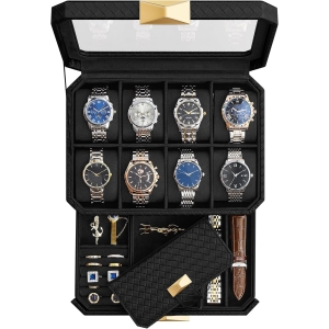 Coleção SONGMICS HOME RONNE - Caixa de relógio de 2 níveis com gaveta, estojo para relógio com 8 compartimentos e bolsa de viagem, couro PU com relevo, efeito flutuante, presente de Natal, tinta preta UJWB025B01