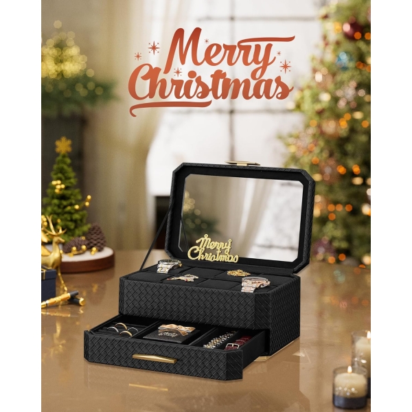 Coleção SONGMICS HOME RONNE - Caixa de relógio de 2 níveis com gaveta, estojo para relógio com 8 compartimentos e bolsa de viagem, couro PU com relevo, efeito flutuante, presente de Natal, tinta preta UJWB025B01 - Image 2