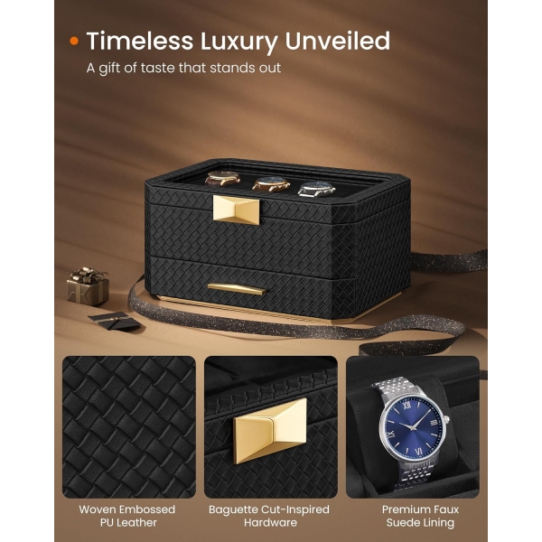 Coleção SONGMICS HOME RONNE - Caixa de relógio de 2 níveis com gaveta, estojo para relógio com 8 compartimentos e bolsa de viagem, couro PU com relevo, efeito flutuante, presente de Natal, tinta preta UJWB025B01 - Image 3