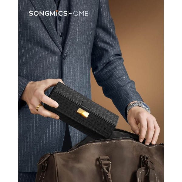 SONGMICS HOME Suporte para relógios, estojo de viagem para 3 relógios, caixa hexagonal para relógios masculinos, couro sintético com relevo, organizador de relógios com compartimento oculto, presentes de Natal para homens, tinta preta UJWB027B01 - Image 2