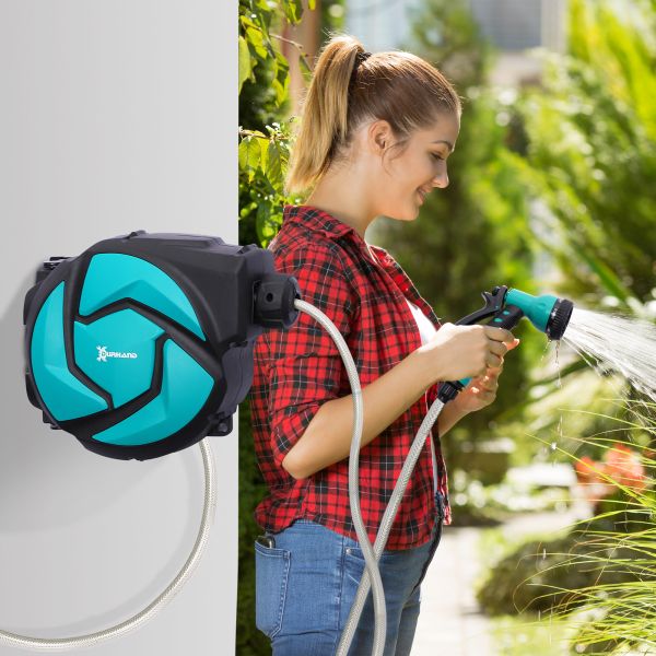 DURHAND Enrolador de mangueira retrátil 10m com cabeça multifuncional Sistema de enrolamento automático com trava Conector de 1m para gramado de jardim 29,5x16,5x33cm Preto e verde - Image 2