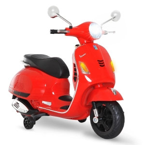 HOMCOM Mota Elétrica para Crianças com Licença Vespa com Música Velocidade 2-3 km/h e Buzina 102x50,5x75,5 cm Vermelha