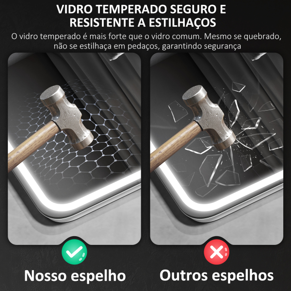 HOMCOM Espelho de Casa de Banho com Luz LED 70x50 cm Bluetooth 3 Cores de Luz Relógio Digital Função Antiembaciamento Memória Prata - Image 8
