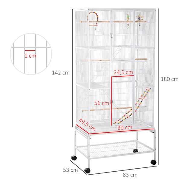 PawHut Gaiola para Pássaros com Rodas de 3 Níveis com 3 Poleiros Comedouros Brinquedos Rampas e Prateleira 83x53x180 cm Branco - Image 3