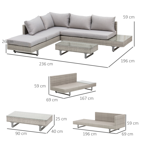 Outsunny Conjunto de Móveis de Vime 3 Peças Mesa de Centro Sofá Duplo e Sofá de 3 Lugares para Terraço Jardim Pátio Cinza - Image 3