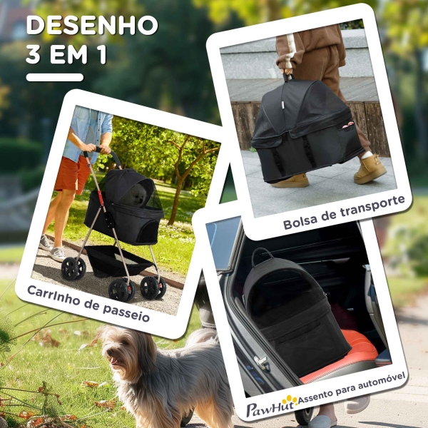 PawHut Carrinho para Cães Dobrável 3 em 1 Carrinho para Cães Miniatura com Cesta de Armazenamento Janela de Malha 76x50x102 cm Preto - Image 4