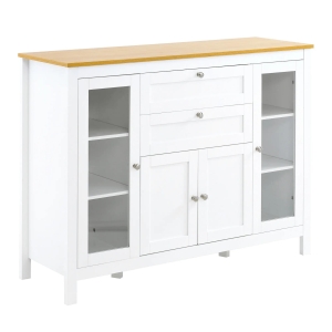 HOMCOM Aparador de Cozinha com Armário 2 Gavetas 2 Portas de Vidro e Prateleiras Ajustáveis Móvel Auxiliar de Armazenamento para Sala de Jantar Sala de Estar 120x40x90cm Branco