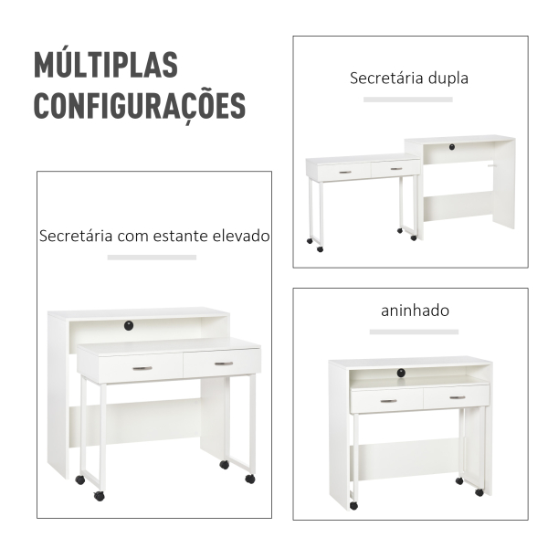 HOMCOM Conjunto de 2 mesas secretária para escritório com rodas 2 gavetas 100x36x88 cm Branco - Image 4