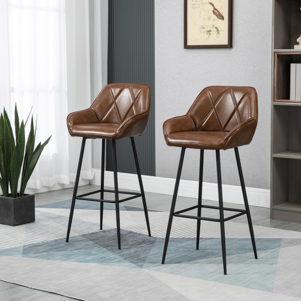 HOMCOM Conjunto de 2 Bancos Altos Estofados em PU com Encosto Alto Pés de Aço e Apoio para os Pés 50x47,5x102,5cm Marrom - Image 2