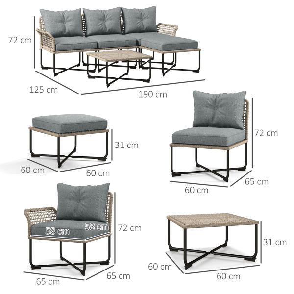 Outsunny Conjunto de Jardim em Vime Sintético Conjunto de Móveis de Exterior com Sofá de 4 Módulos 1 Mesa de Centro e Almofadas Cinza - Image 3