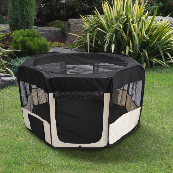 PawHut Parque para Animais de Estimação Dobrável com 2 Portas e Almofada Tecido Oxford Ø114x58 cm Preto e Creme - Image 2