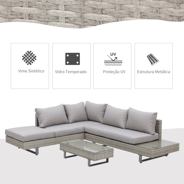 Outsunny Conjunto de Móveis de Vime 3 Peças Mesa de Centro Sofá Duplo e Sofá de 3 Lugares para Terraço Jardim Pátio Cinza - Image 5