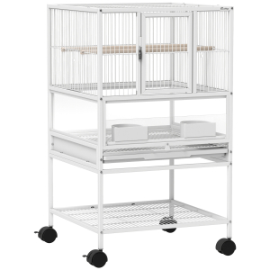 PawHut Gaiola para Pássaros Gaiola Grande com Rodas Painéis Acrílicos Comedouros Poleiros Prateleira Bandeja Amovível Gaiola para Papagaios Canários 48x46x83 cm Branco