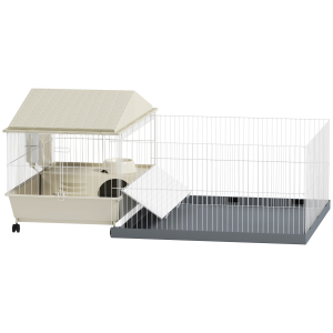 PawHut Gaiola para Animais Pequenos com Parque Desmontável Gaiola para Roedores com Rodas Rampas Bebedouro e Dispensador de Feno 108x71x57 cm Bege
