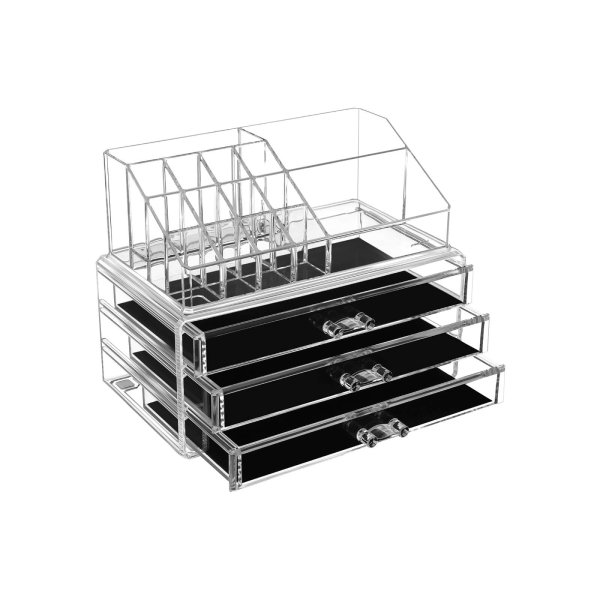 Organizador de maquiagem SONGMICS, conjunto de 2 peças, caixa de maquiagem, organizador de cosméticos com 3 gavetas e 15 compartimentos diversos, para batons, pincéis, transparente JKA002TP - Image 2
